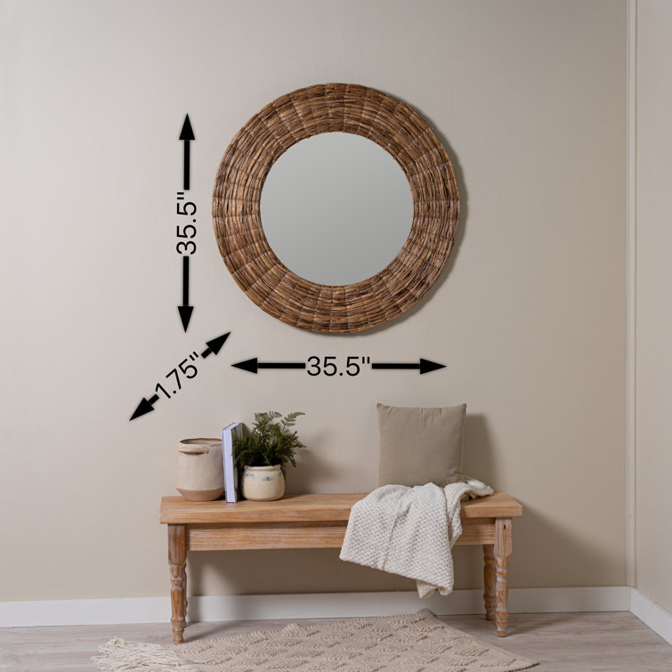 Shyla Coastal Round Rattan 35.5" Bathroom Wall Mirror