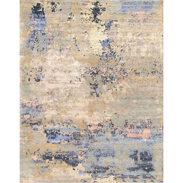 Large Blue and Beige Hand-Knotted Wool Silk Rug