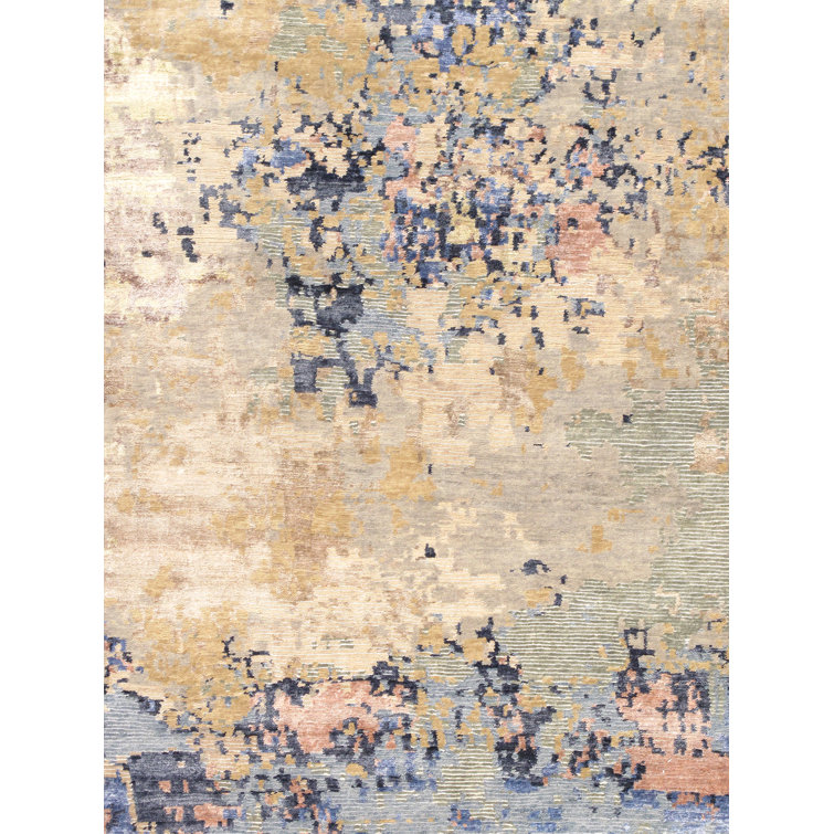 Large Blue and Beige Hand-Knotted Wool Silk Rug