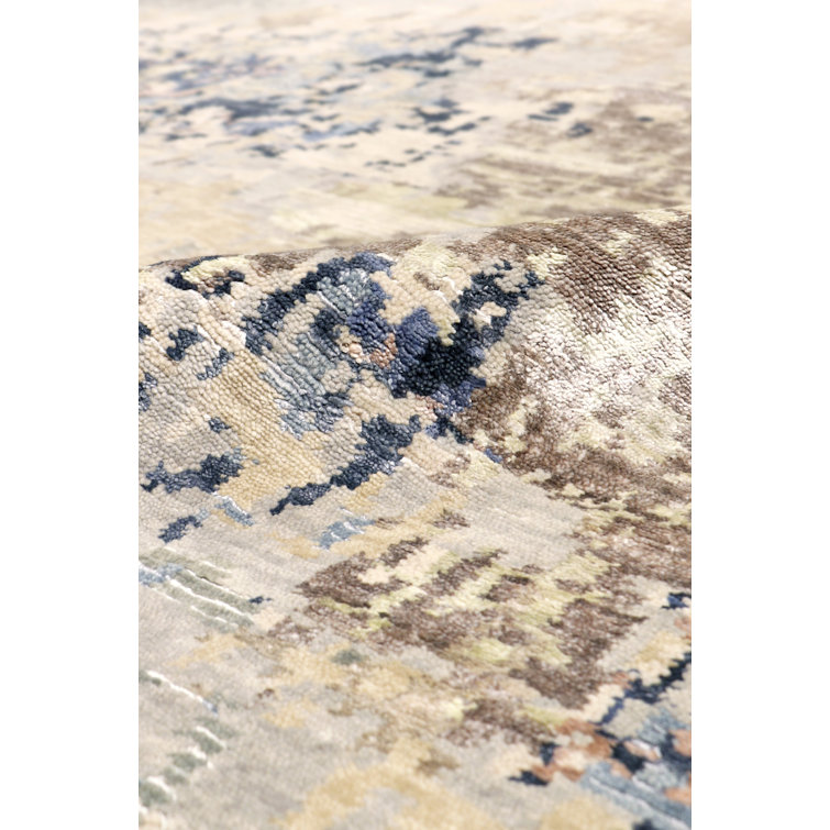 Large Blue and Beige Hand-Knotted Wool Silk Rug