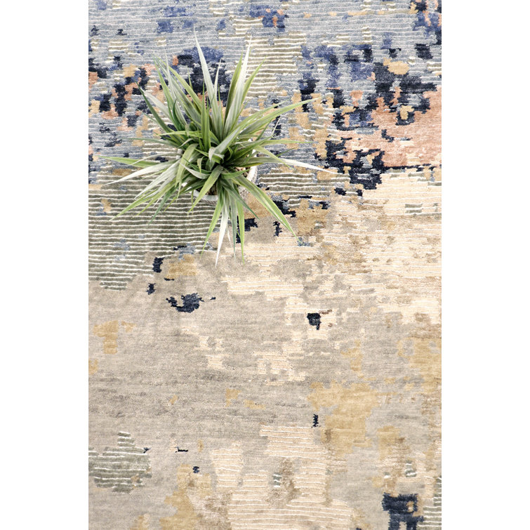 Large Blue and Beige Hand-Knotted Wool Silk Rug