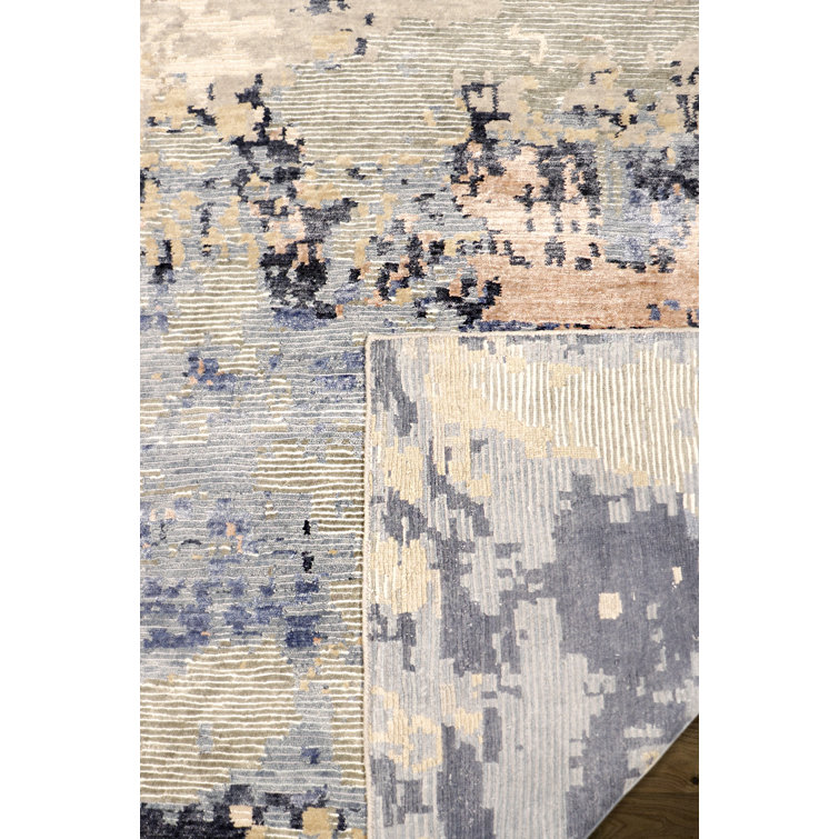 Large Blue and Beige Hand-Knotted Wool Silk Rug