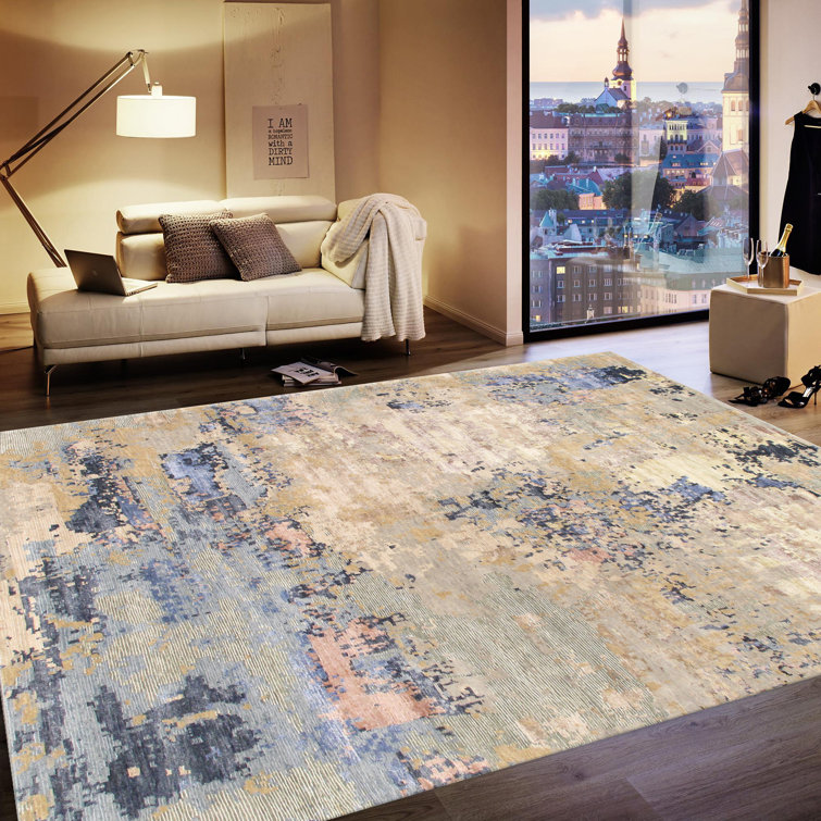 Large Blue and Beige Hand-Knotted Wool Silk Rug