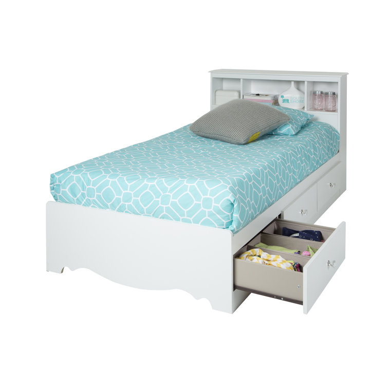White Twin Wood Bookcase Headboard with Storage
