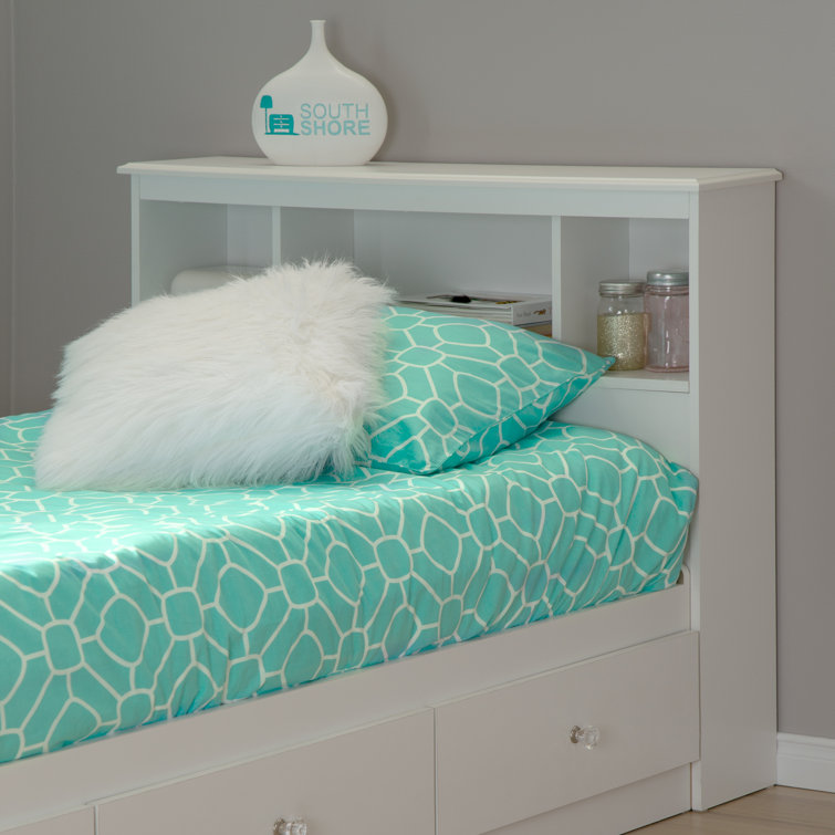 White Twin Wood Bookcase Headboard with Storage