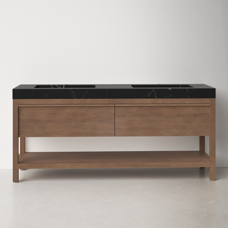 Pluto 72" Chestnut Oak Double Sink Freestanding Vanity with Black Marquina Quartz Top