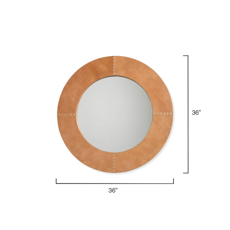 Round Brown Leather Wall Mirror with Cross Stitch
