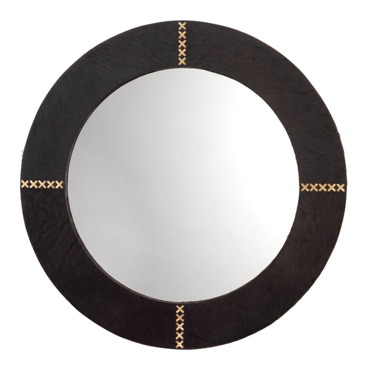 Espresso Round Wood and Leather Wall Mirror