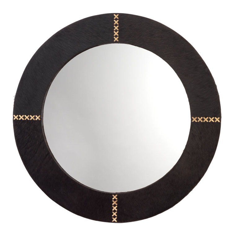 Espresso Round Wood and Leather Wall Mirror