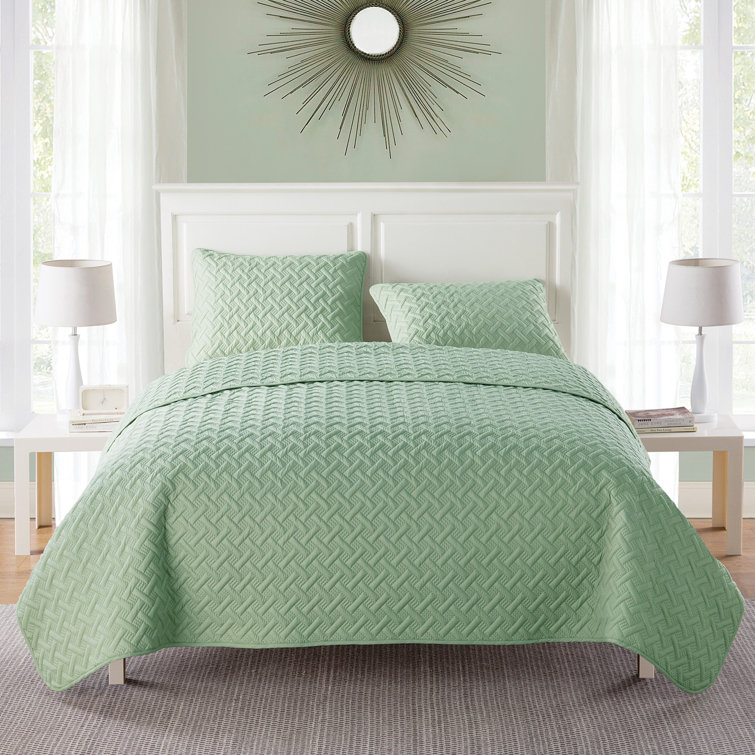 Green Twin Reversible Microfiber Basketweave Quilt Set