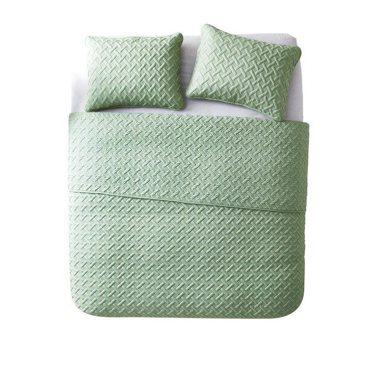 Green Twin Reversible Microfiber Basketweave Quilt Set