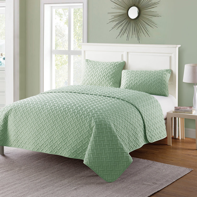 Green Twin Reversible Microfiber Basketweave Quilt Set