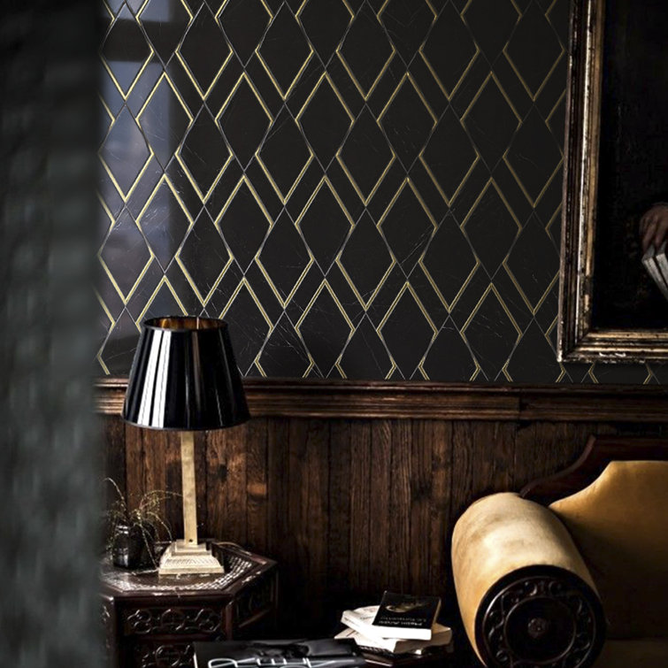 Black and Gold Geometric Polished Marble Mosaic Wall Tile