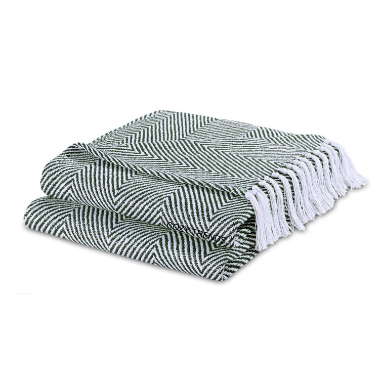 Dark Green Chevron Cotton Throw Blanket with Fringe 50'' x 60''