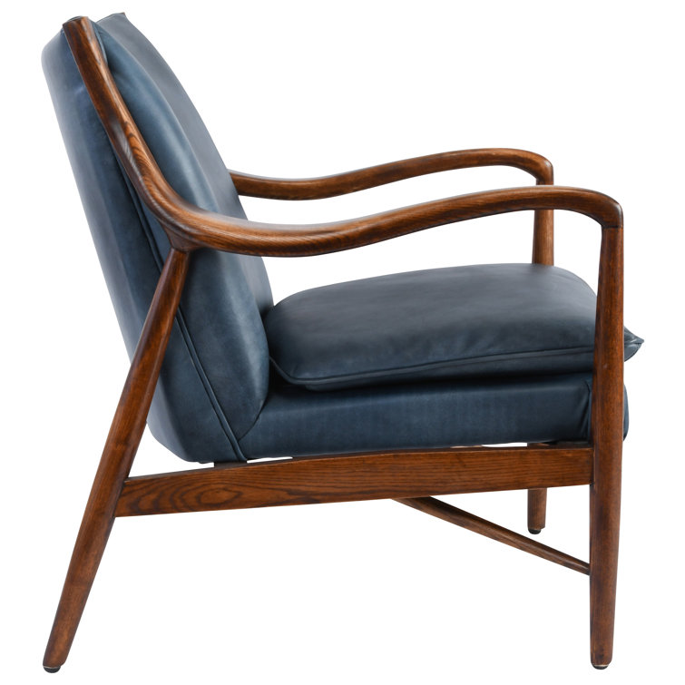 Dark Blue Genuine Leather Accent Chair with Wood Frame