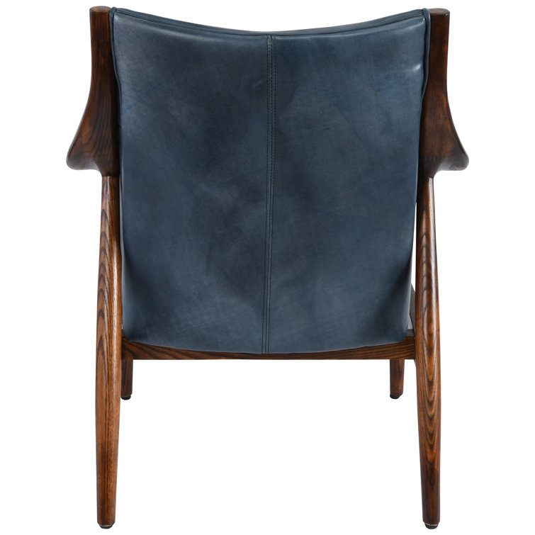 Dark Blue Genuine Leather Accent Chair with Wood Frame
