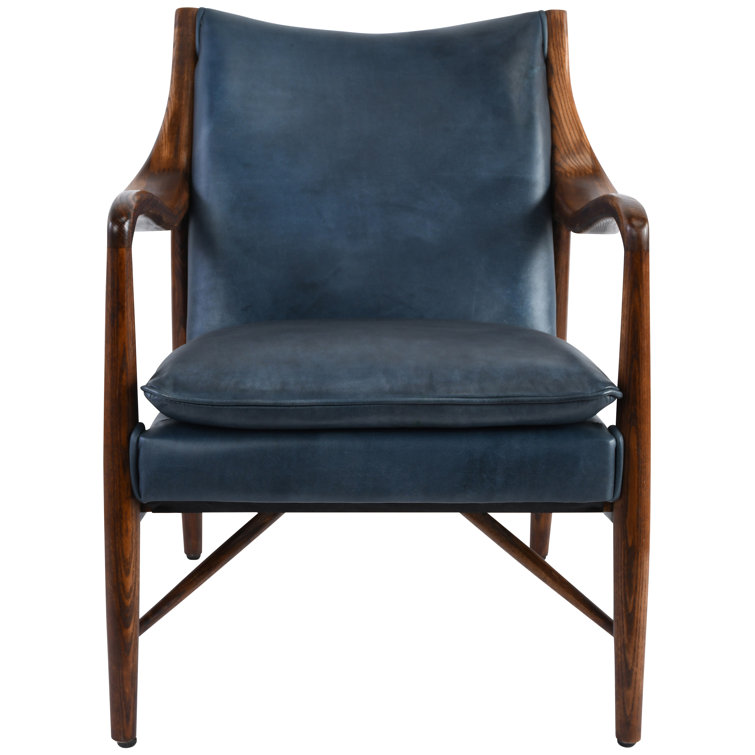 Dark Blue Genuine Leather Accent Chair with Wood Frame