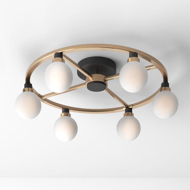 Satin Brass 6-Light Globe Semi Flush Mount with White Glass