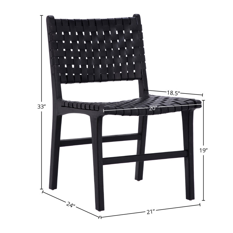 Black Leather Woven Upholstered Side Chair with Natural Wood Frame