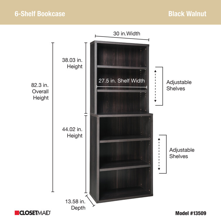 Adjustable Black Walnut Hutch-Style Bookcase with 6 Cubes