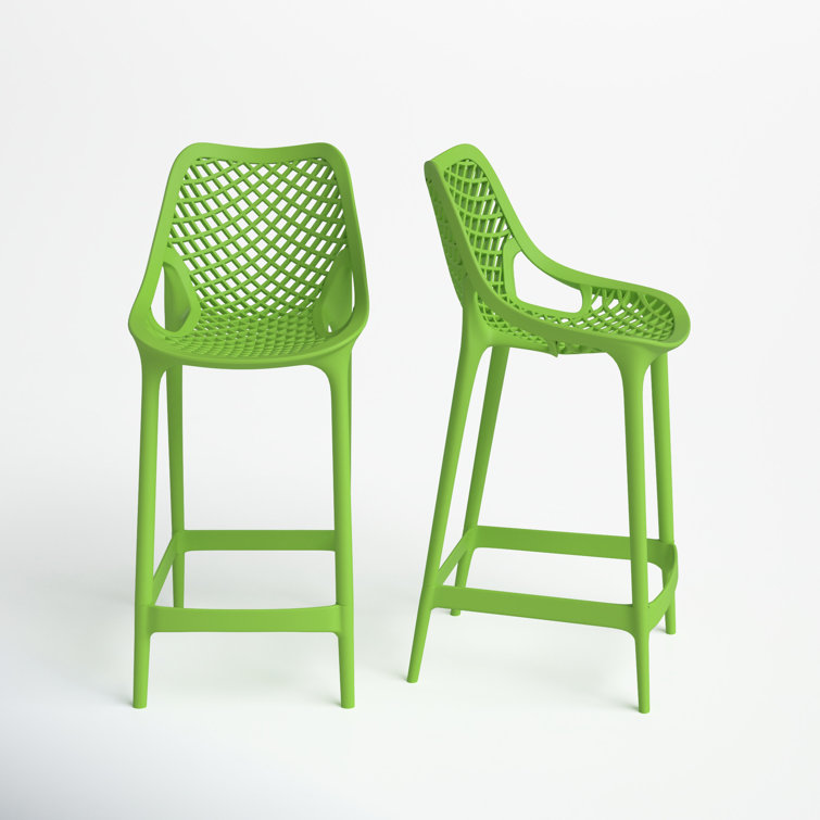 Tropical Green Plastic Outdoor Bar Stools with Footrest - Set of 2