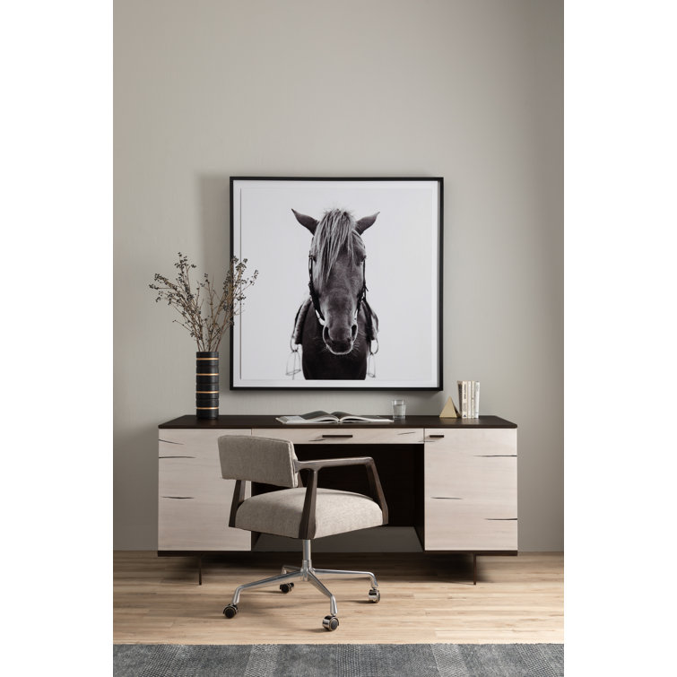 48" Black and White Horse Print with Maple Frame