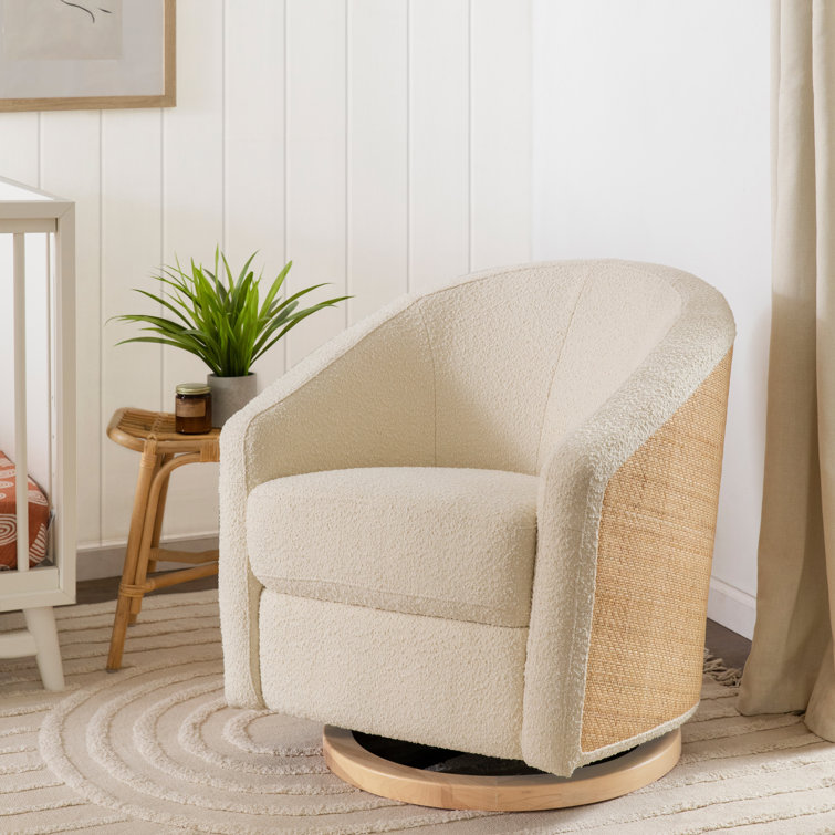 Ivory Boucle Swivel Glider with Cane and Light Wood Base