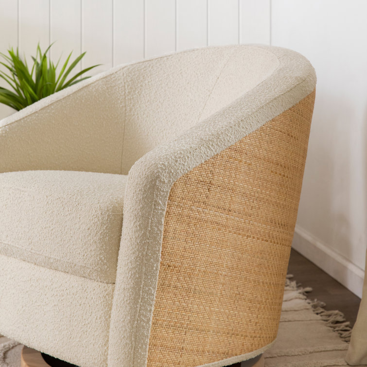 Ivory Boucle Swivel Glider with Cane and Light Wood Base