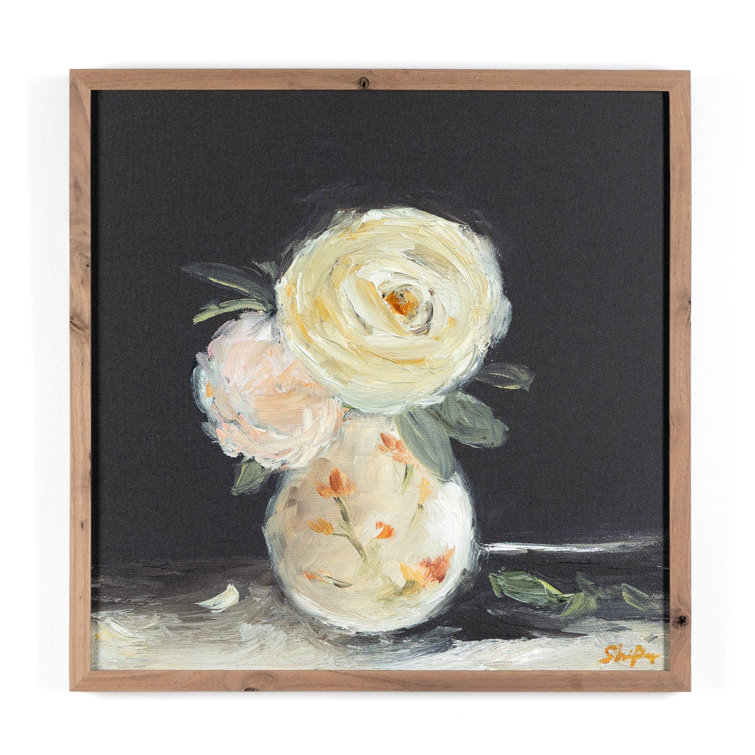 48" Rustic Walnut Framed Floral Canvas Painting
