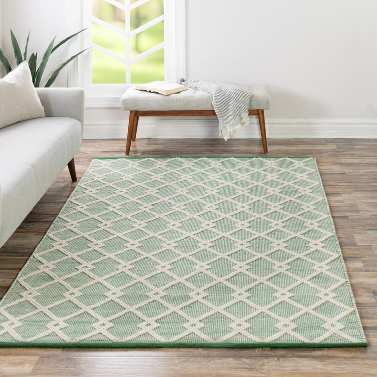 Mint Green Geometric Hand-Knotted Wool Square Rug