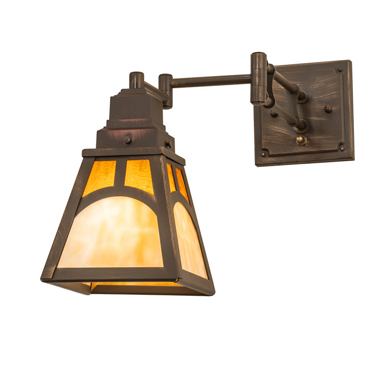 Antique Brass Swing Arm Sconce with Amber Glass Shade