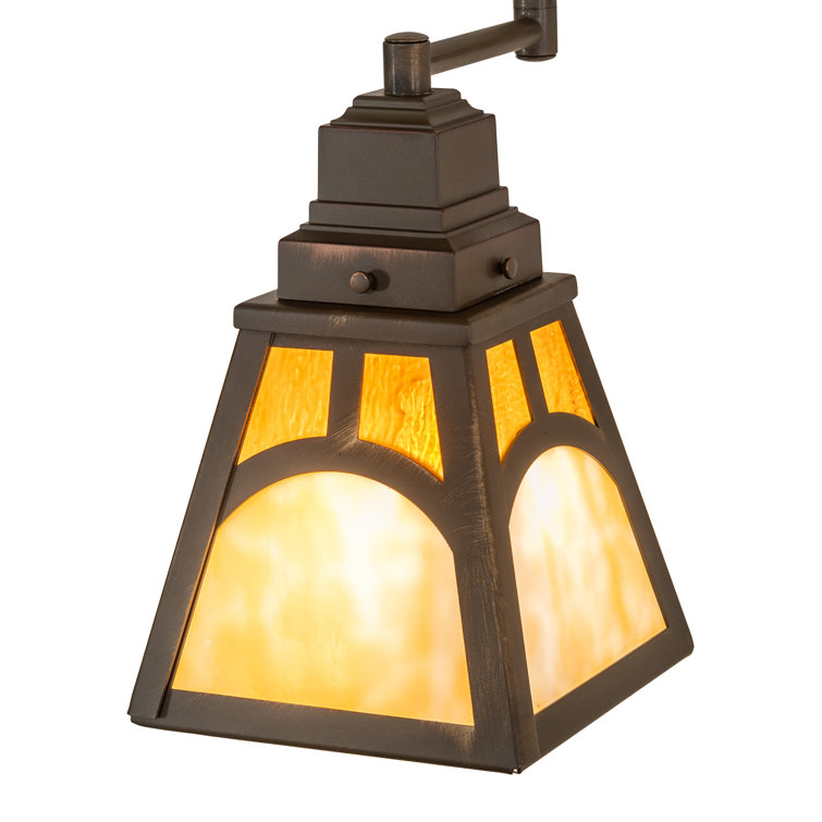 Antique Brass Swing Arm Sconce with Amber Glass Shade