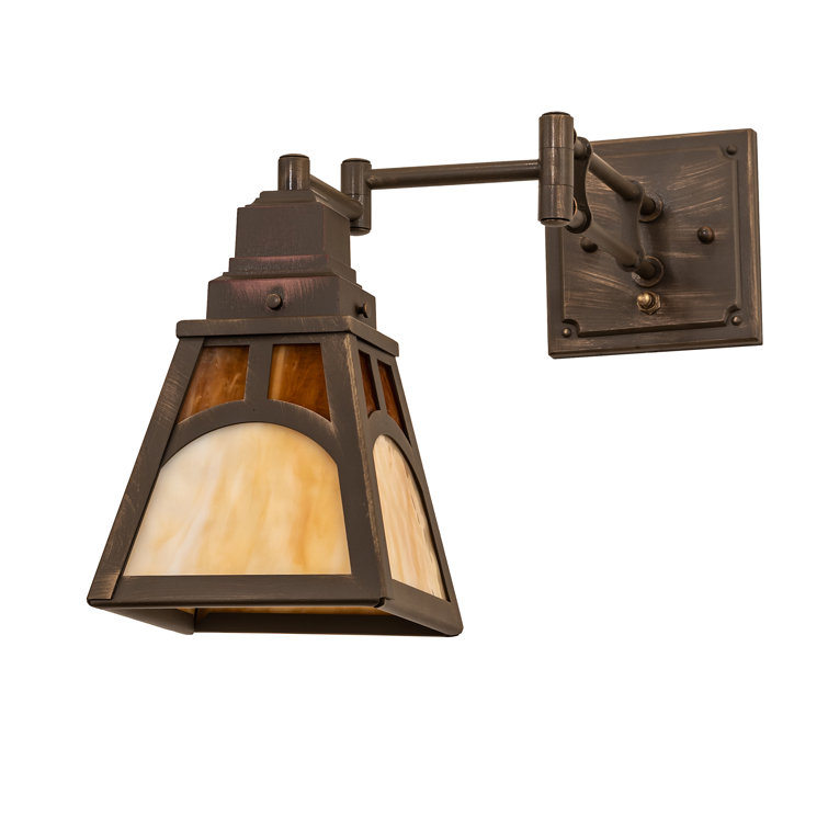 Antique Brass Swing Arm Sconce with Amber Glass Shade