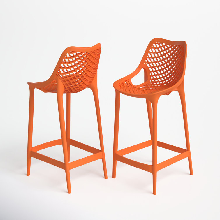 Farrah Orange Plastic Outdoor Bar Stools with Footrest, Set of 2