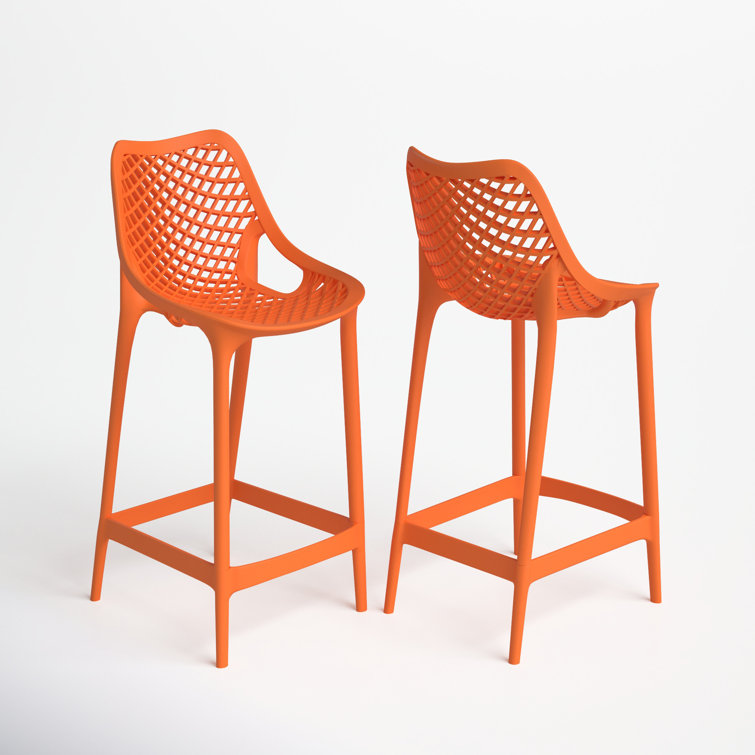 Farrah Orange Plastic Outdoor Bar Stools with Footrest, Set of 2