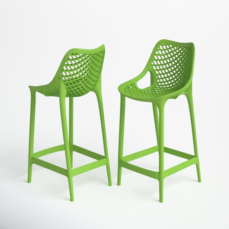 Tropical Green Plastic Outdoor Bar Stools with Footrest - Set of 2