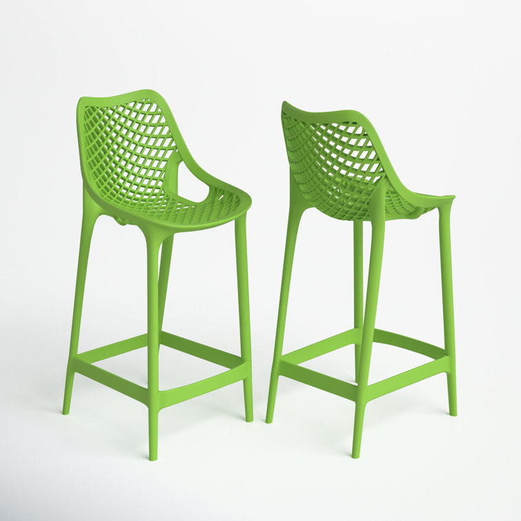 Tropical Green Plastic Outdoor Bar Stools with Footrest - Set of 2
