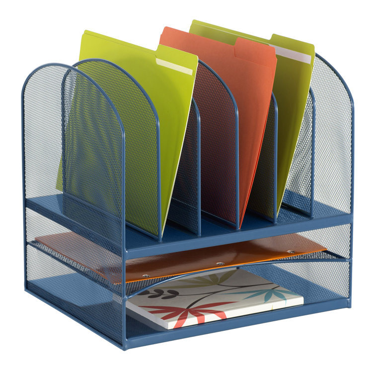 Blue Steel Mesh Desktop Organizer with Trays and Sections