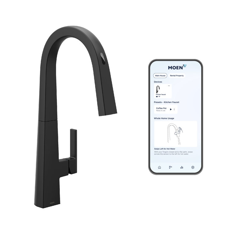Matte Black Smart Touchless Pull-Down Kitchen Faucet with Gold Handle