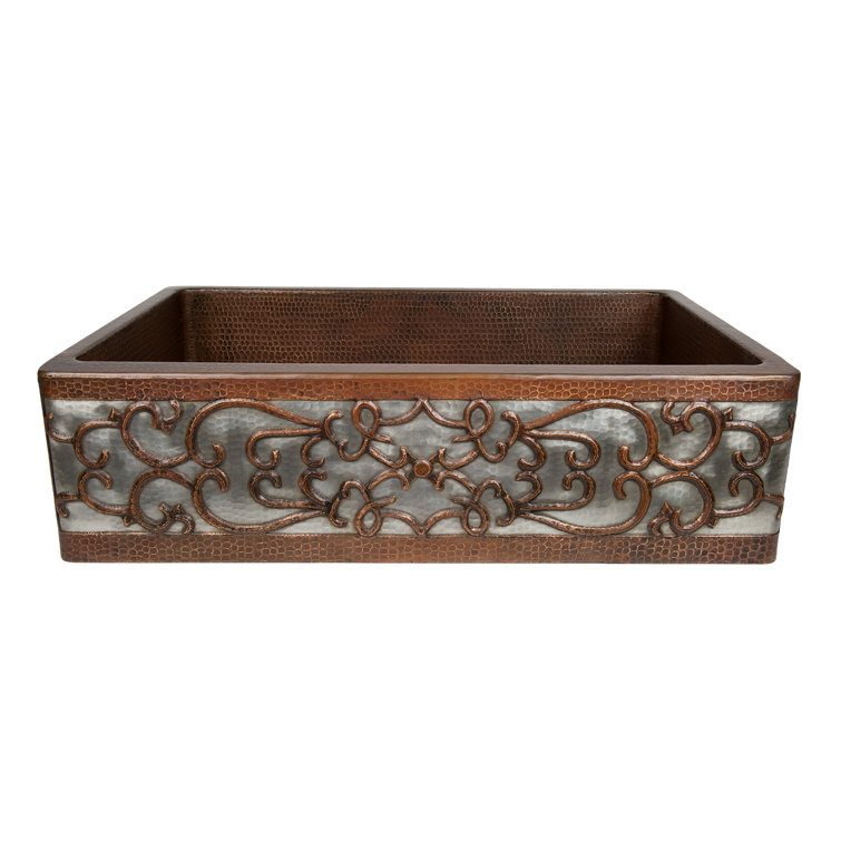 37" Hammered Copper Farmhouse Sink with Scroll Design