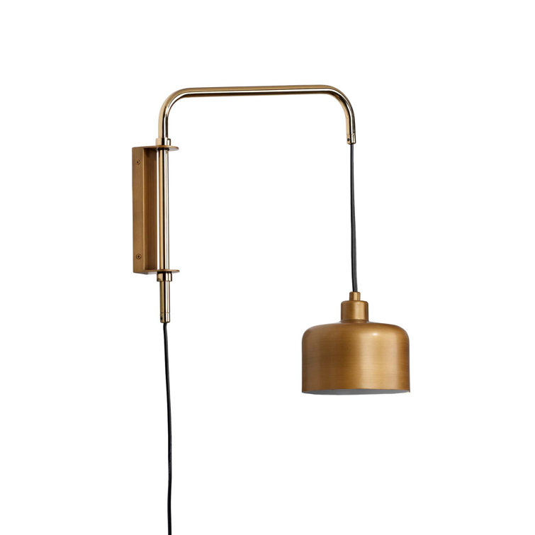 Satin Brass Adjustable Swing Arm Sconce with Dimmable Gold Shade