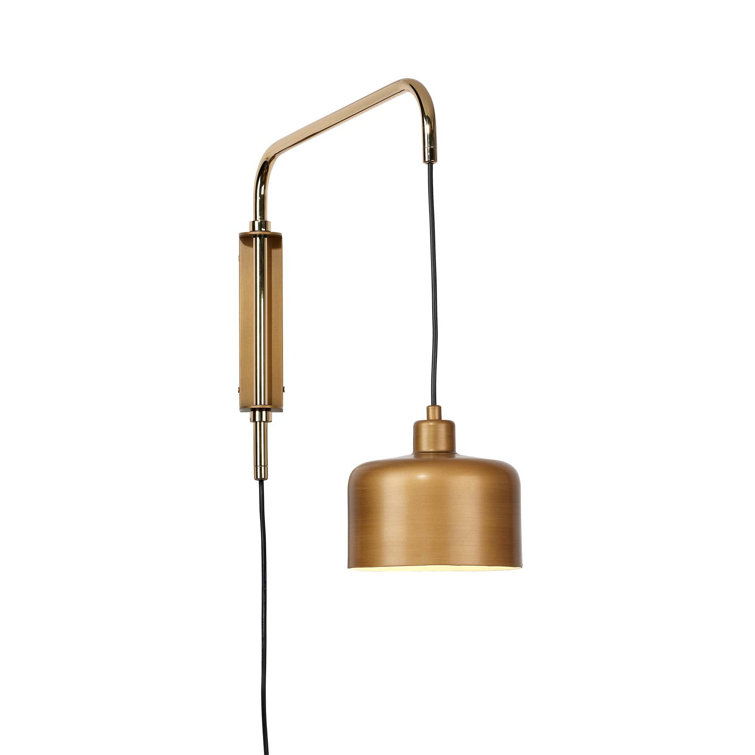 Satin Brass Adjustable Swing Arm Sconce with Dimmable Gold Shade
