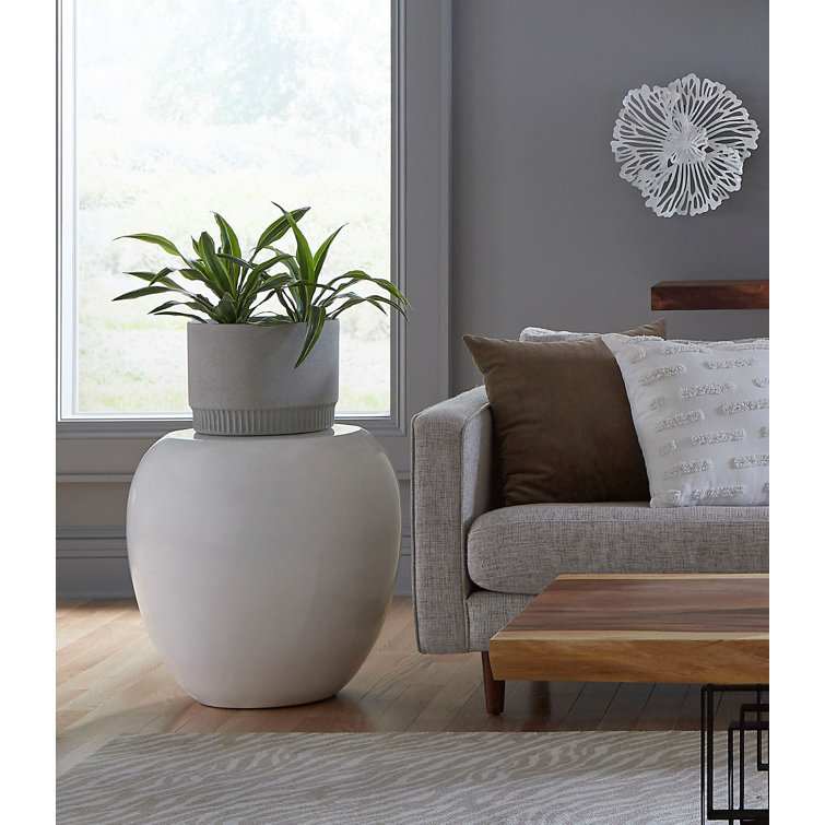 24" White Transitional Round Stone Drum End Table