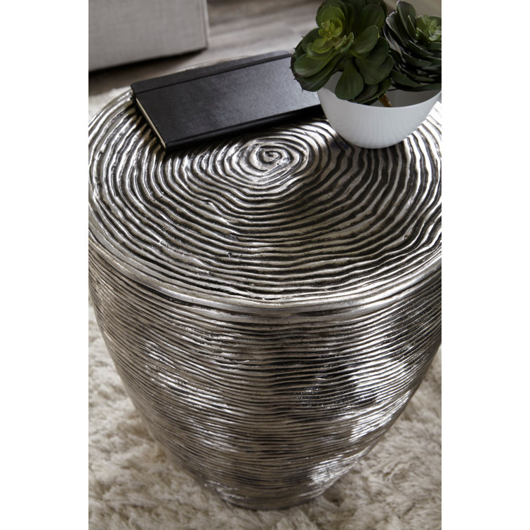 Silver Round Metal Ripple Drum End Table