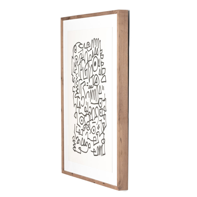 Modern Abstract Black and White Canvas Painting with Walnut Frame