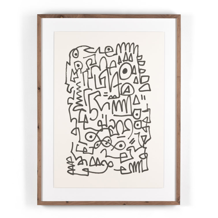 Modern Abstract Black and White Canvas Painting with Walnut Frame