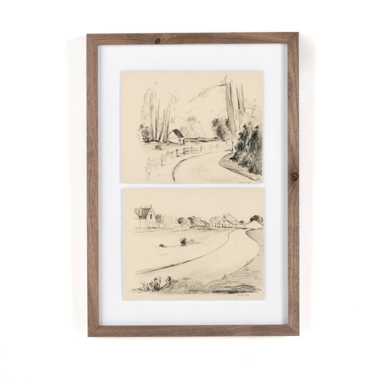 Rustic Walnut Framed Country Sketches on Canvas