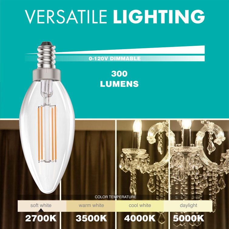 40-Watt Equivalent Dimmable E12 Filament Candle LED Light Bulb, 2700K Warm White Light, 50-Pack