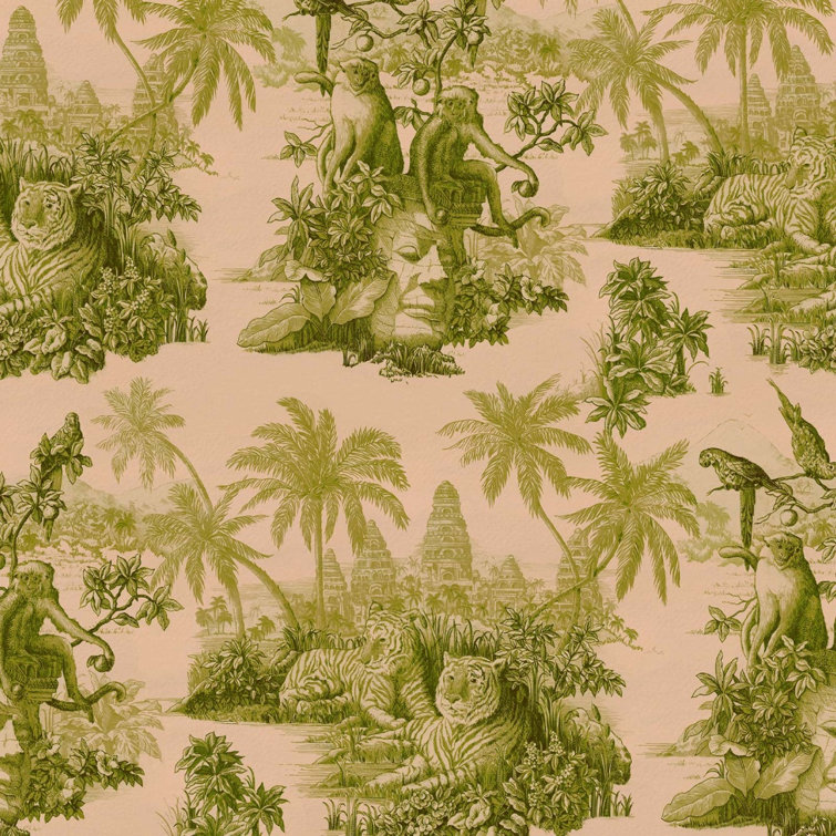 Blush and Green Sumatra Toile Jungle Wallpaper Roll