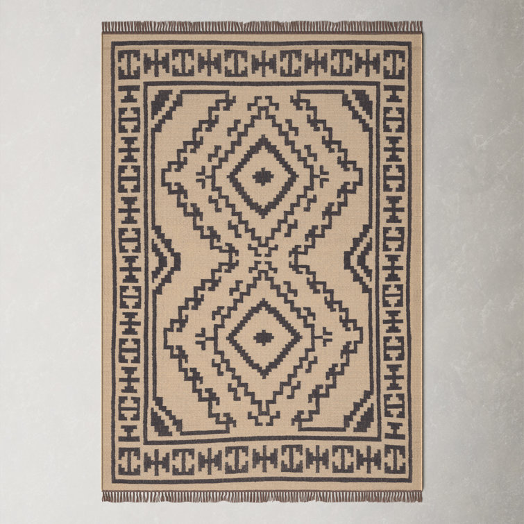 Southwestern Beige and Black Handwoven Jute Rug with Medallion Pattern